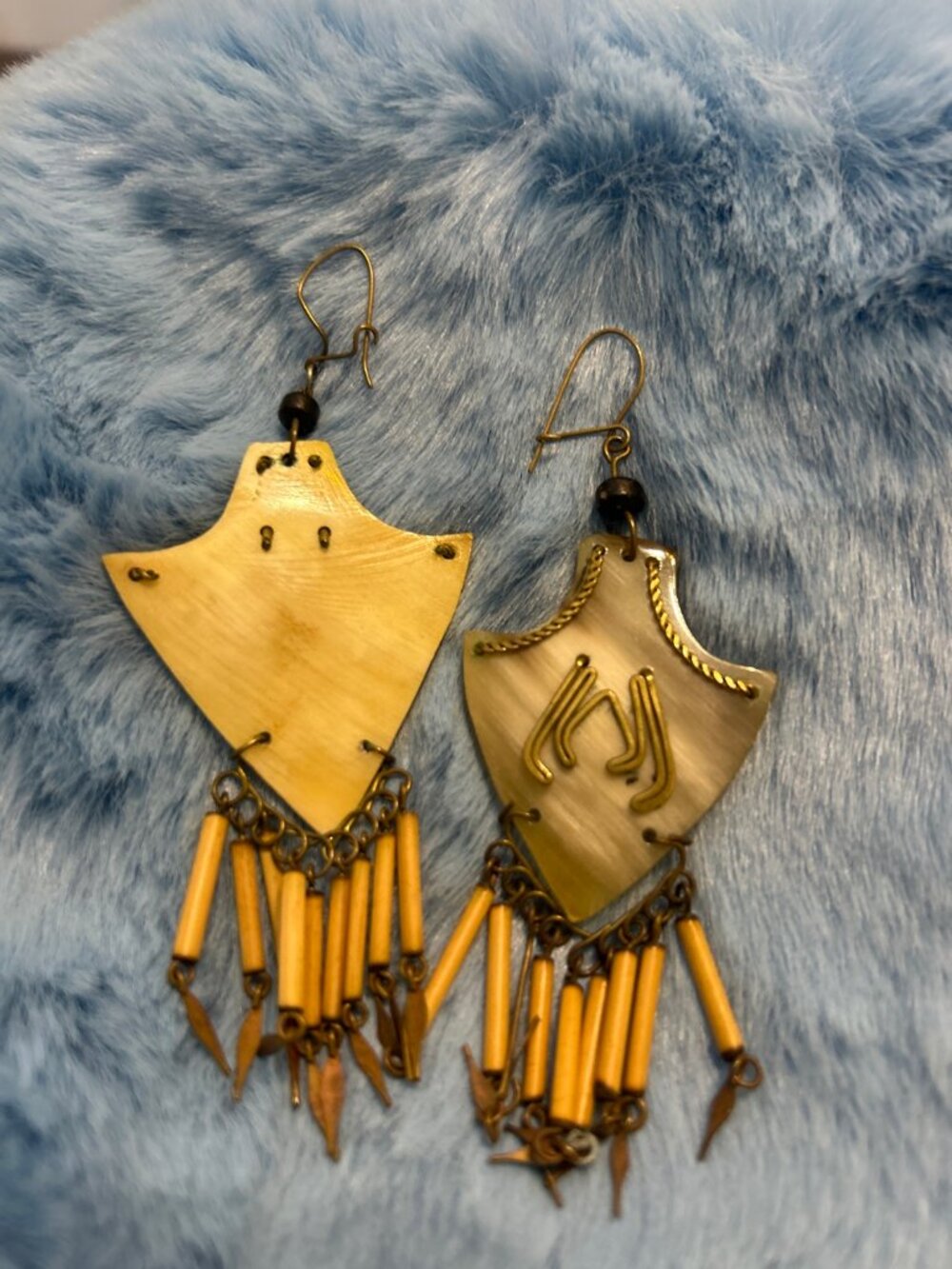 Vintage Horn Style Statement Earrings Gold Wire Scroll Dangle Beads